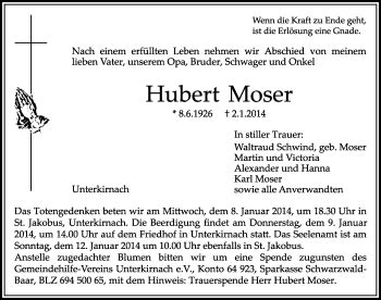 Traueranzeigen Von Hubert Moser Schwarzw Lder Bote Trauer