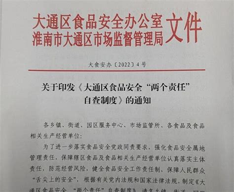 大通区印发《食品安全“两个责任”自查制度》 确保食品安全“三个落实”淮南市大通区人民政府