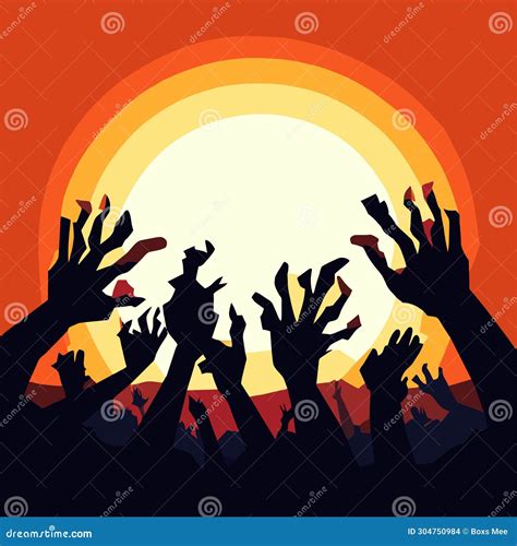 Silhouette of Crowd with Raised Hands at Sunset. Vector Illustration AI ...