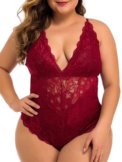 Criss Cross Lace Scalloped Trim Plus Size Lingerie Teddy 32 OFF