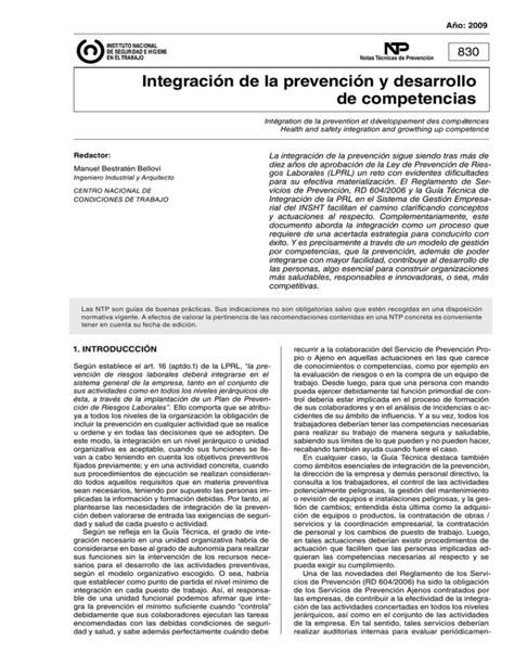 Nueva ventana NTP 830 Integración de la prevención y desarrollo de