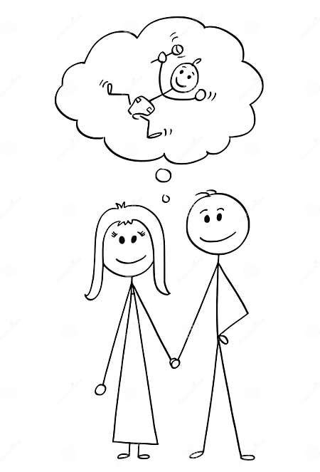 Cartoon Of Heterosexual Couple Of Man And Woman Thinking About Having A