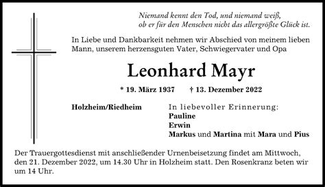 Traueranzeigen Von Leonhard Mayr Augsburger Allgemeine Zeitung