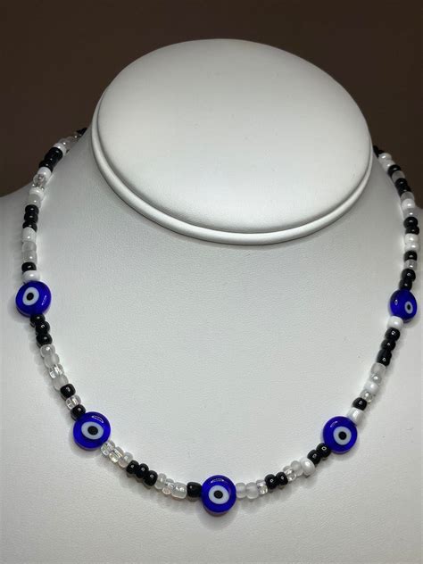 Blue Evil Eye Necklace Seed Bead Evil Eye Necklace Beaded Etsy