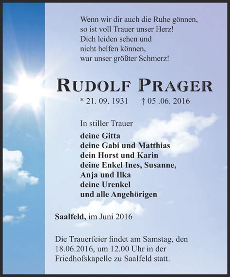 Traueranzeigen Von Rudolf Prager Trauer In Thueringen De