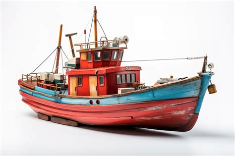 Barco Pesquero En Miniatura De Madera Aislado Sobre Fondo Blanco