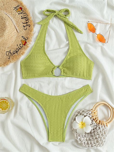 Shein Swim Vcay Smocked Ring Linked Halter Bikini Swimsuit Shein Usa