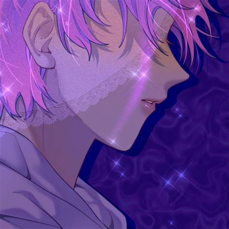 An Anime Character With Pink Hair And Blue Eyes Looking To The Side In