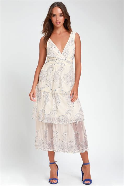 Glam Blue And White Dress White Lace Dress Lace Midi Dress Lulus