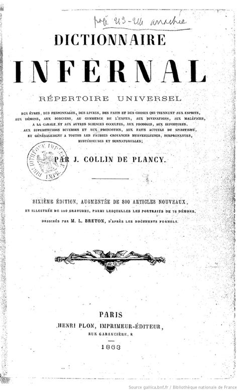 Dictionnaire Infernal R Pertoire Universel Des Tres Des Personnages