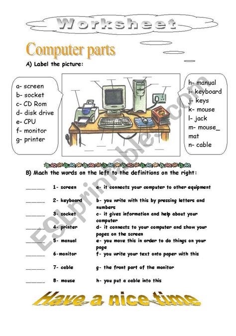 Parts Of A Computer Worksheet For Class