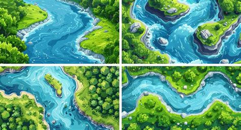 Top View Spring River Cartoon Vector Scenes Winding Azure Water