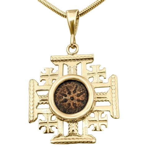 Biblical Widow S Mite Coin In K Gold Jerusalem Cross Necklace