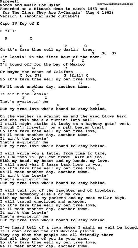 Bob Dylan Song Farewell Lyrics And Chords