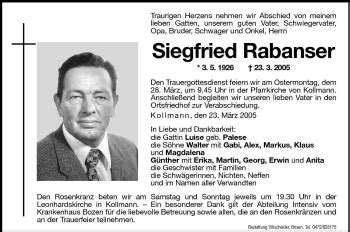 Traueranzeigen Von Siegfried Rabanser Trauer Bz