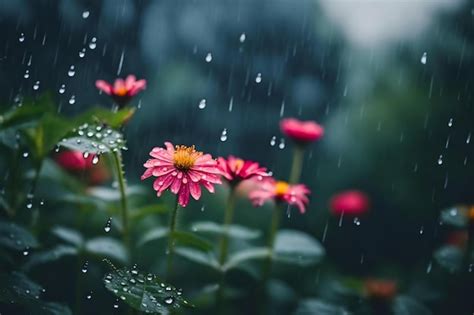 Premium AI Image | Flowers in the rain, rain drops on the background