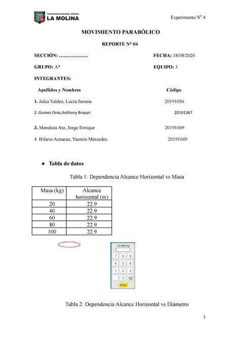 Informe Movimiento Parabólico 1 MOVIMIENTO PARABÓLICO REPORTE N 04