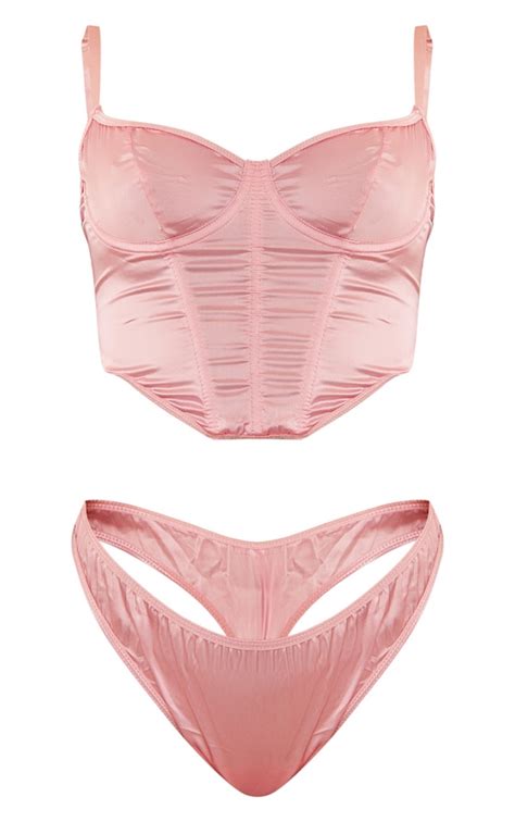 Pink Satin Underwired Corset Set Lingerie And Nightwear