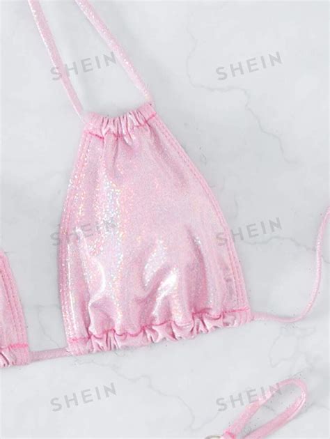 Shein Swim Sxy Glitter Bikini Set Halter Micro Triangle Bra Ring