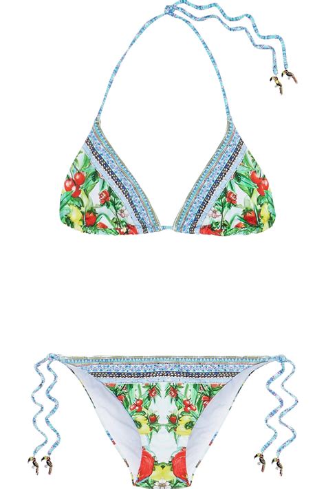 Camilla Synthetic One Flew Over Embellished Printed Triangle Bikini