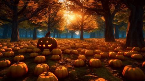 Halloween Pumpkin Patch In A Mystical Forest 3d Illustration Background Pumpkin Background