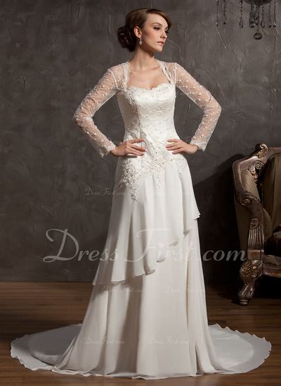 A Line Princess Sweetheart Chapel Train Chiffon Tulle Wedding Dress