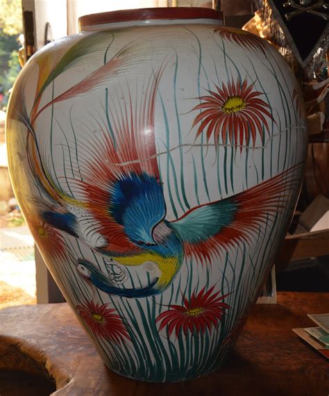 Very Large Mexican Urn Burnished Birds Of Paradise Tonala