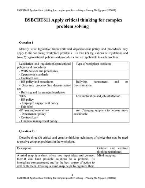 Bsbcrt 611 Apply Critical Thinking For Complex Problem Solving Phuong