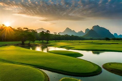 Premium Photo Golf Course With Mountains In The Background