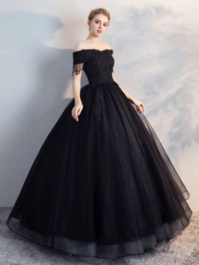 Black Gothic Off The Shoulder Lace Appliqued Ball Gown Wedding Dress Uk