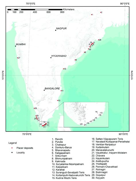 Major Beach and Inland Placer deposits of India (Based on R. Dhana Raju ...