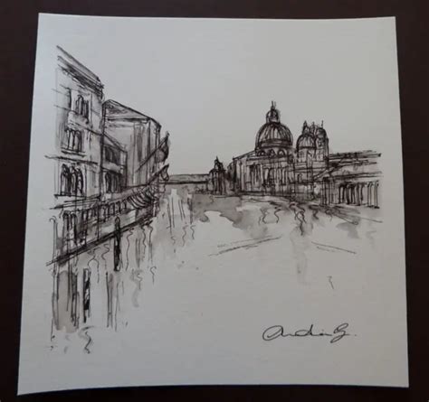 Original Ink Square Format Drawing Of The Grand Canal Venice