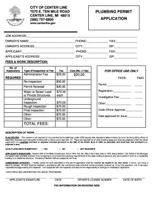 Fillable Online Plumbing Permit Application Total Fees City Of