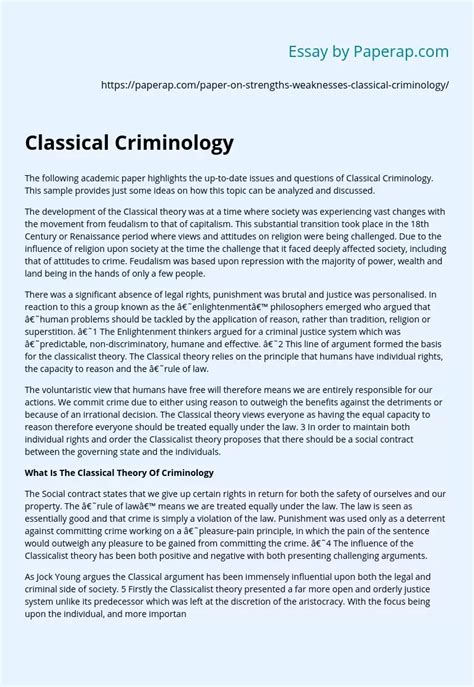 Classical Criminology Strenghs And Weaknesses Free Essay Example