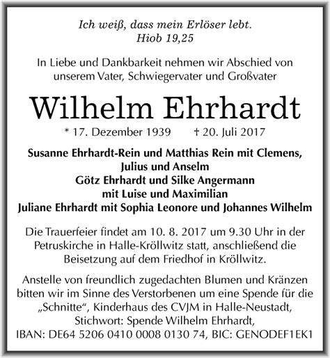 Traueranzeigen Von Wilhelm Ehrhardt Abschied Nehmen De