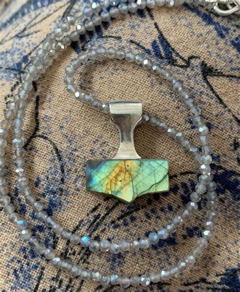 Mjolnir Thors Hammer Labradorite Beads Beaded Necklace Jewelry