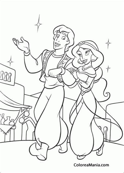 Colorear Aladdin Y Jasmine Paseando Aladdin Dibujo Para Colorear Gratis