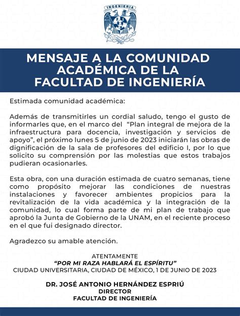 Div Ing Eléctrica on Twitter RT FIUNAM MX Mensaje a la comunidad