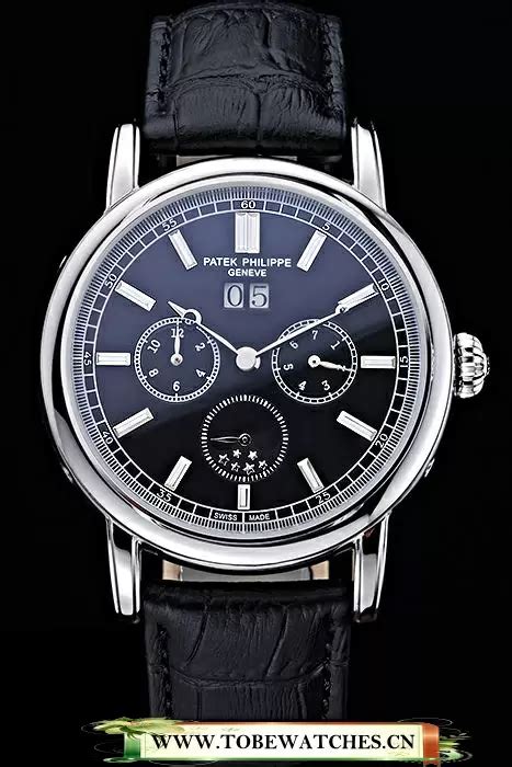 Patek Philippe Geneve Grand Complications Black Dial Stainless Steel Bezel Black Leather Band