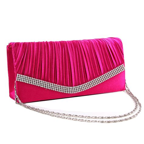 Handbags Fuchsia Pleated Satin With Rhinestones Evening Clutch Bag