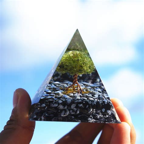 Tree Of Life Peridot And Snowflake Obsidian Crystal Orgonite Pyramid