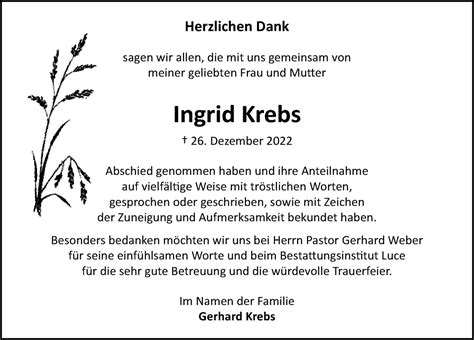 Traueranzeigen Von Ingrid Krebs Trauer Anzeigen De