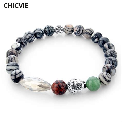 CHICVIE Natural Stone Buddha Charm Bracelets Bangles Women Men