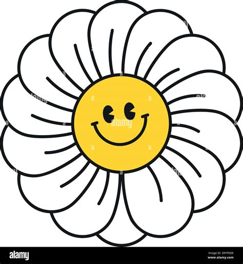 Groovy Daisy Flowers Face Collection Retro Chamomile Smiles In Cartoon