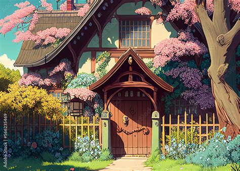 Facade of house in Japan near blooming rosewood. Anime. Spring or ...