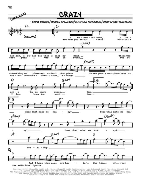 Crazy By Gnarls Barkley Sheet Music For Real Book Melody Lyrics And Chords At Sheet Music Direct