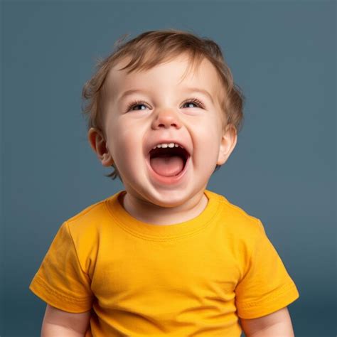 Premium Ai Image Portrait Of A Laughing Baby On A Blue Background