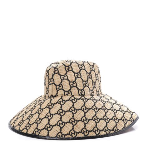 Gucci Raffia Elaphe Gg Monogram Embroidered Wide Brim Hat Ivory Black