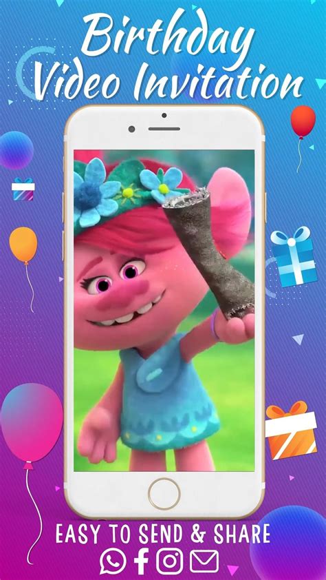 Trolls Party Invitation Trolls Video Invitation Digital Birthday Party