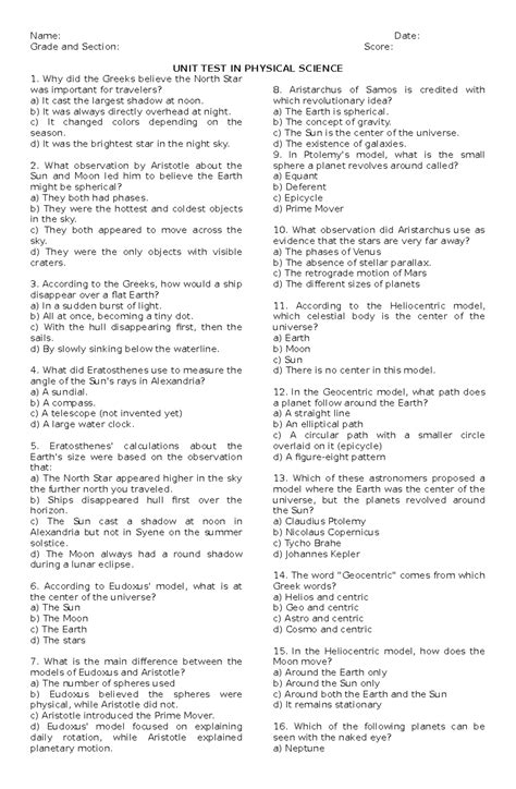 Set A Physical Science Name Date Grade And Section Score Unit